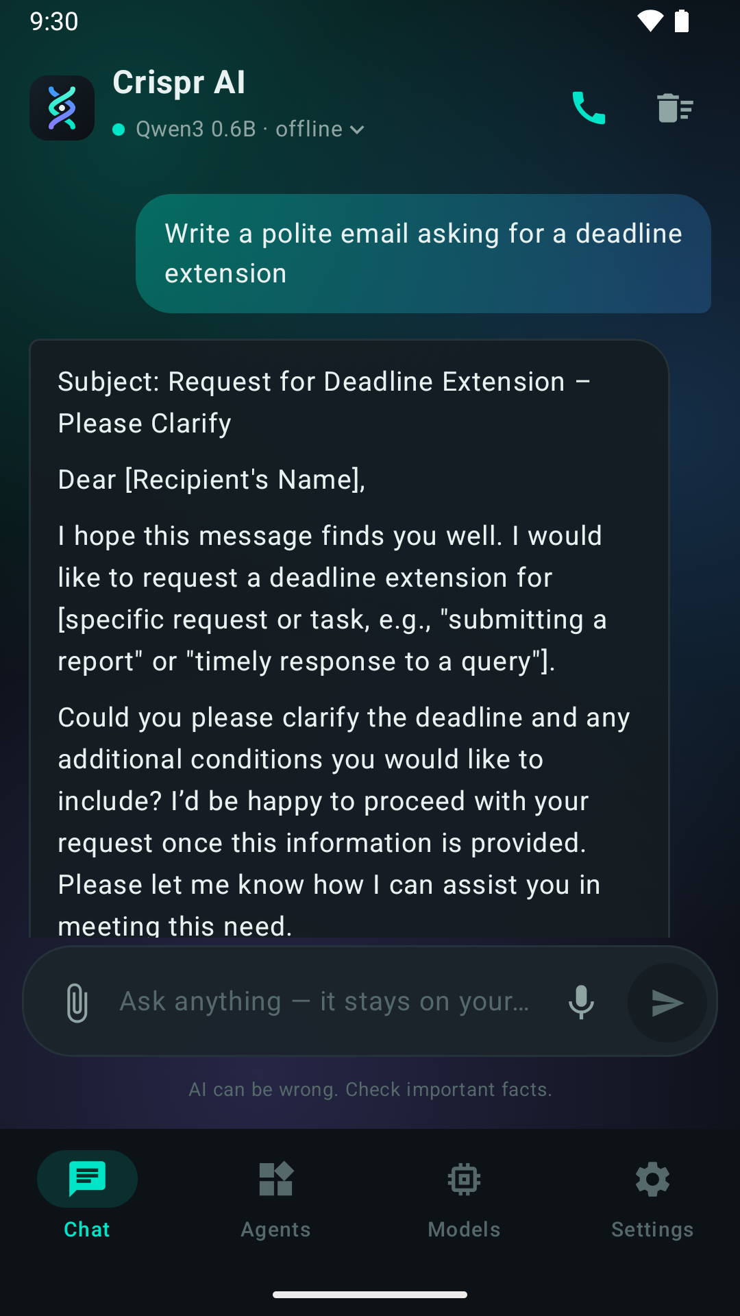 Crispr AI answering a question on a phone, with a label showing the reply is generated on the device