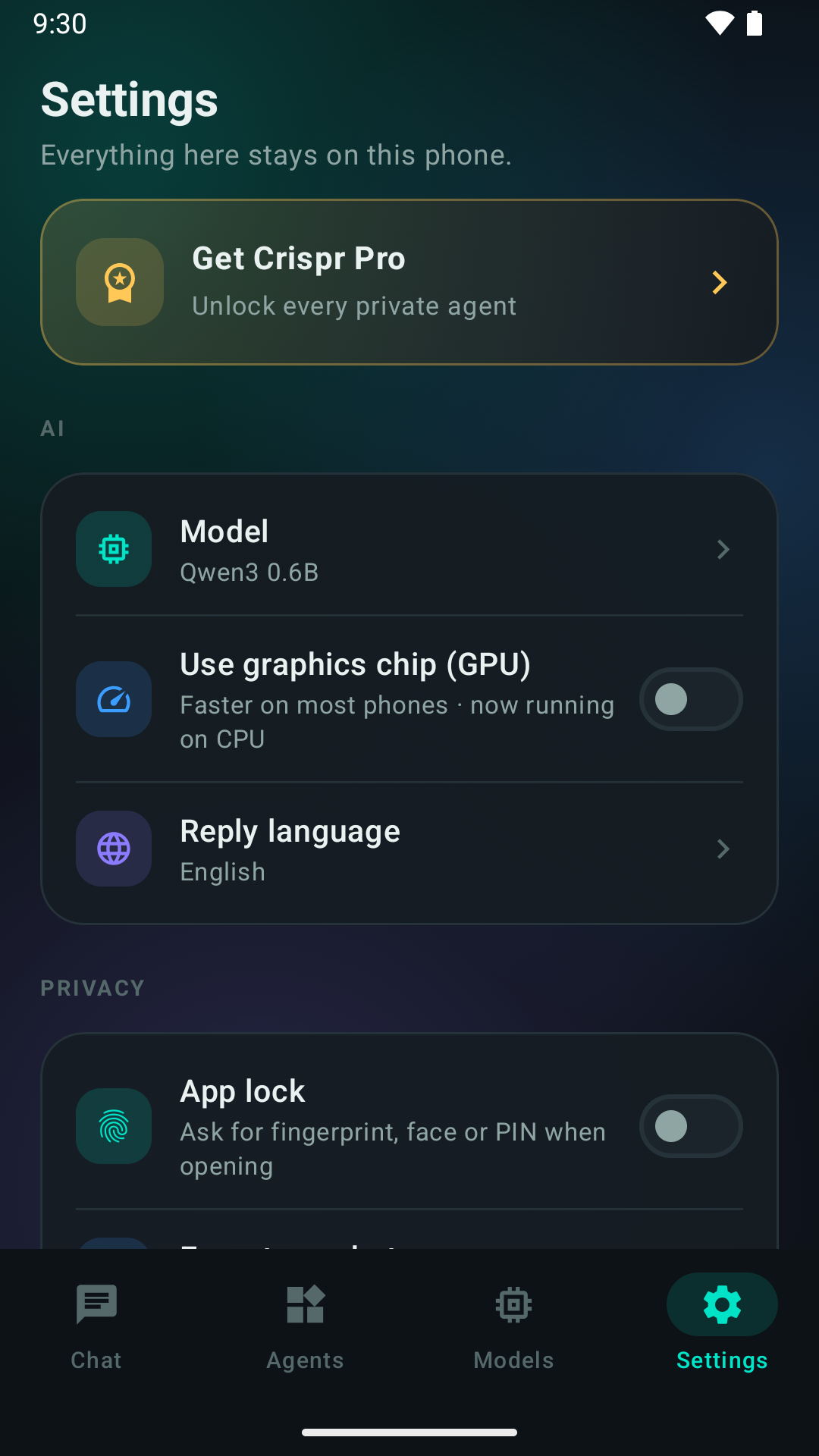 Settings with app lock and on-device options